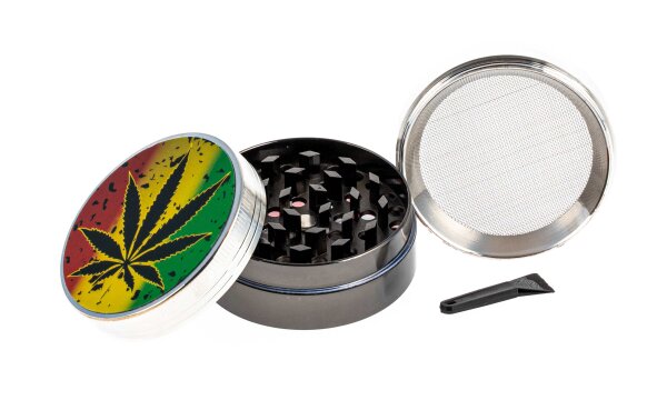 Pollinator Grinder - Glitzer Hanfblatt - D:50mm H:35mm - Rasta Farben