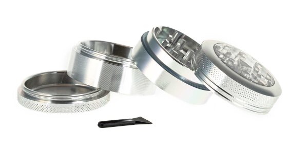 Alugrinder + Pollinator/Sieb incl. Sichtfenster 4tlg. D: 50mm  H: 40mm, CNC, silber
