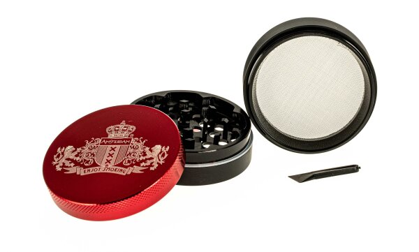 Alugrinder "Amsterdam " D: 55mm Pollinator/Sieb  H: 40mm, CNC, 4-tlg. - Rot / Schwarz