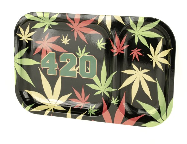 Rolling Tray - Schwarz mit Hanfblatt in bunt "420" - 2 Fächer - 23x15x1,5cm - Mini/Small