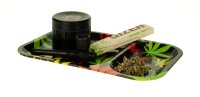 Rolling Tray - Schwarz mit Hanfblatt in bunt "420" - 2 Fächer - 23x15x1,5cm - Mini/Small