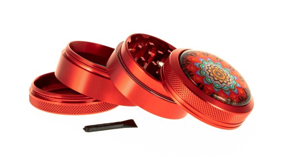 Black Leaf - Pollinator Grinder 4tlg. H:48mm D:50mm "Mandala" mit Glaskuppel - Rot