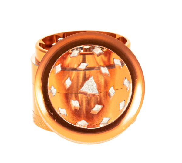 Alugrinder + Pollinator/Sieb incl. Sichtfenster 4tlg. D: 50mm  H: 40mm, CNC, orange