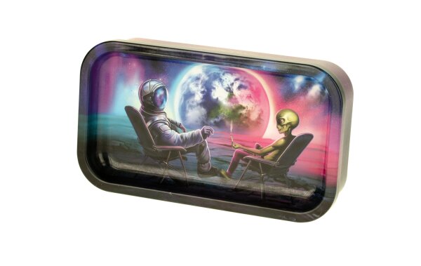 V Syndicate - Metalldose mit Rolling Tray im Deckel Mini - 122x70x30mm - Blunt Orbit - Blau/Lila/Pin