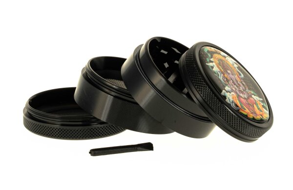 Black Leaf Pollinator Grinder mit Bild - Ganesha - D:50mm H:40mm - Schwarz